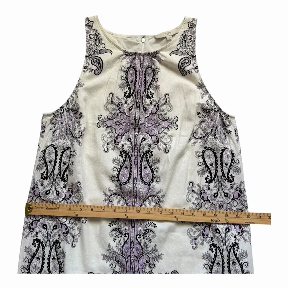 Loft Linen Blend Sleeveless Dress Womens Size 10 Cream Purple Lace Trim Paisley